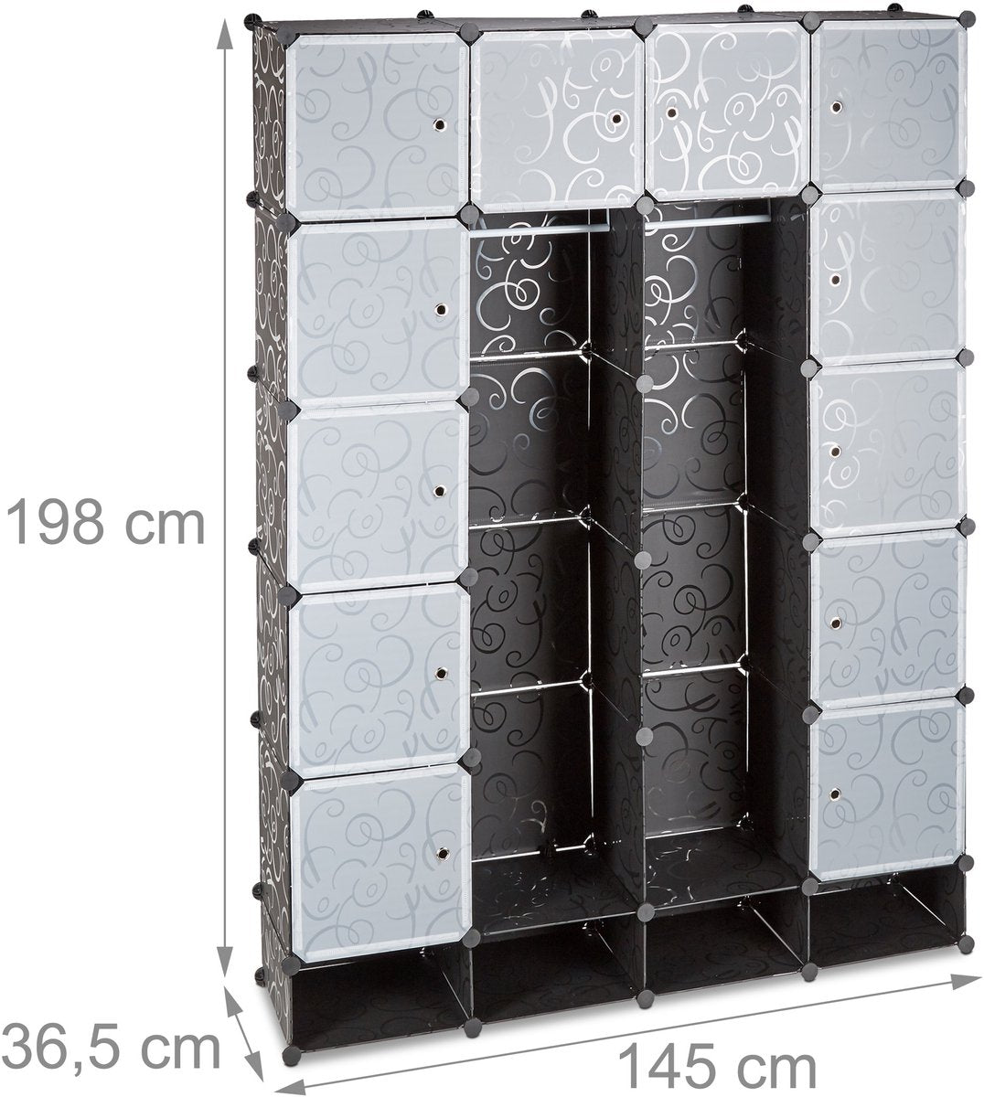 kledingkast kliksysteem - 18 vakken - 145 x 200 cm - garderobekast - slaapkamer - zwart