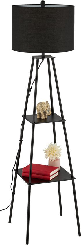 vloerlamp met opbergruimte - 2 planken - stoffen kap - 149 x 40 cm - voetschakelaar - E27 - staal