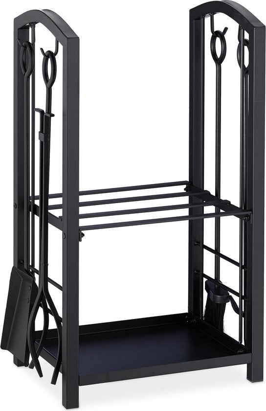 brandhoutrek met haardstel - 2 planken - staal - 4-delig - schep - bezem - tang - pook