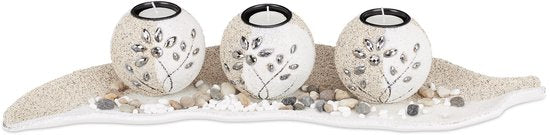 waxinelichthouder set - bladvormige schaal - sierstenen - sfeervolle tafeldecoratie - beige - wit