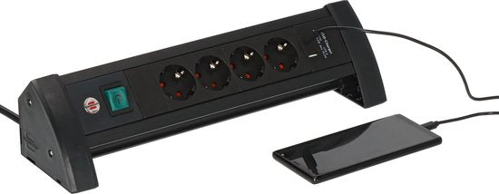 Brennenstuhl Premium Office-Line stekkerdoos met 4 stekkerdozen met USB C PD 30W en USB A 18W (Made in Germany, verdeeldoos met 1,8m kabel en schakelaar, stekkerblok ideaal voor op het bureau)