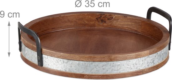 houten dienblad - rond - mangohout - 9 x 35 cm - met handgrepen - decoratief