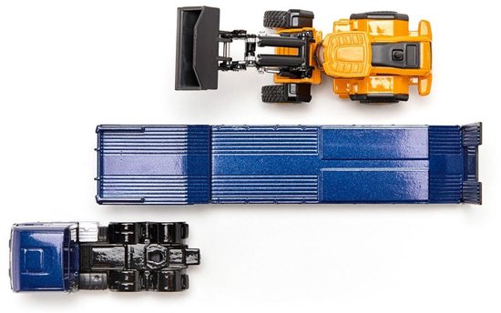 siku 1790, MAN Vrachtwagen met dieplader en JCB-shovel, 1:87, metaal/kunststof, blauw/geel, opklapbare oprijplaat, beweegbare arm