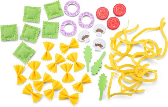 Woet Houten Speelgoed Pasta Set - 'Maak je eigen pasta' Speelgoedset - FSC - Inclusief Ravioli, Tagliatelle, Farfalle & Saus - Speelgoedeten