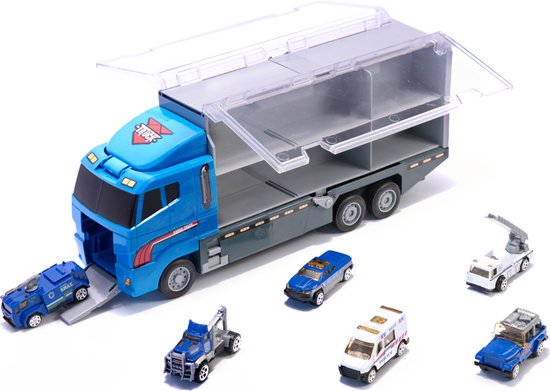 Vrachtwagen Vrachtauto Politievrachtwagen PolitieTransport Auto- met Politieauto, S.W.A.T auto, Ladderauto, Pick Up Auto, Sleepauto - 6 Politie Gerelateerde Auto's - Metalen Auto's