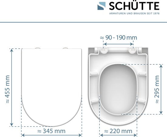 SCHÜTTE WC-Bril 82910 D-SHAPE WHITE - Duroplast - D-vorm - Soft Close - Afklikbaar - RVS-Scharnieren - Belastbaar tot 175 kg - Gelakt - Wit