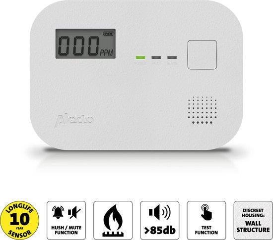 Alecto COA3920 Koolmonoxidemelder met display - 10 jaar sensor - Voldoet aan Europese norm EN50291 - Wit