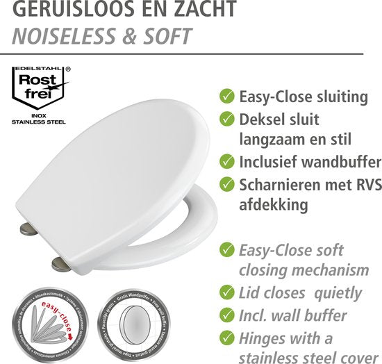 WENKO WC bril Gubbio - antibacterieel wit Duroplast - Easy-Close sluiting - Fix-Clip bevestiging in RVS - belastbaar tot 350 kg - Toiletbril - Toiletzitting - Wit