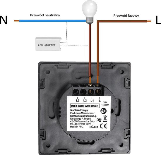 Aanraaklichtschakelaar van gehard glas met één ronde LED-verlichte knop Maclean Energy MCE702B