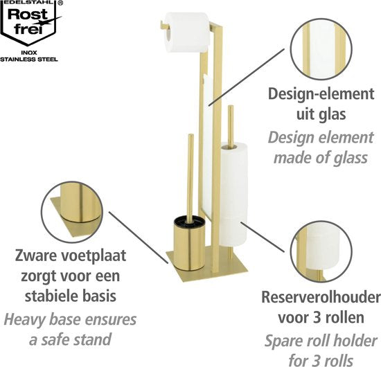 WENKO Toiletbutler Rivalta RVS mat goud - Toiletborstel met houder, Toiletrolhouder en Reserverolhouder