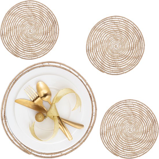 placemat - set van 4 - boho - gevlochten - rond - Ø 35 cm - onderleggers - natuur