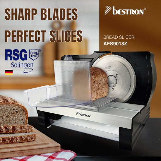 Bestron Broodsnijmachine, met RSG-rvs mes – Made in Germany, traploze snijdikte-instelling van 0-20 mm, universele broodsnijder met keuzeknop voor automatische en handmatige bediening, kleur: Zwart