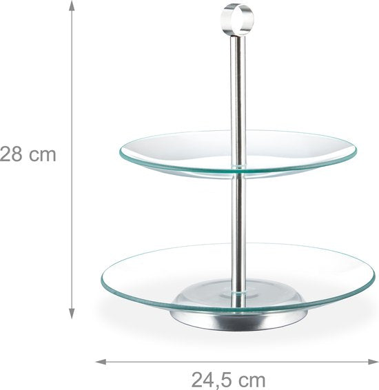 glazen etagère - 2 laags - rond - glas - rvs - serveertoren - transparant/zilver