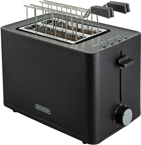 Bourgini Tosti Toaster - Broodrooster met Tostiklemmen - Zwart- Extra brede sleuf geschikt voor 2 tosti's - Instelbare bruiningsstand en ontdooifunctie