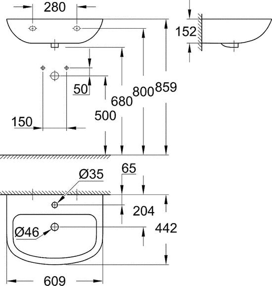 GROHE Bau Wastafel - Keramiek - 60 x 44 cm - Wit