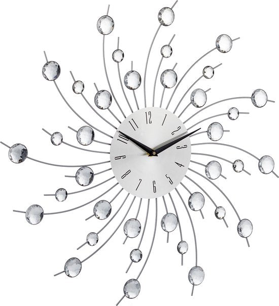 wandklok met glitters - 50 cm - groot - analoog - keukenklok - zilver