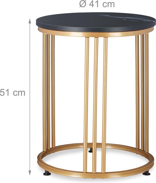 bijzettafel - voor bank - marmer look - rond - 51 x 41 cm - metaal - woonkamer - zwart