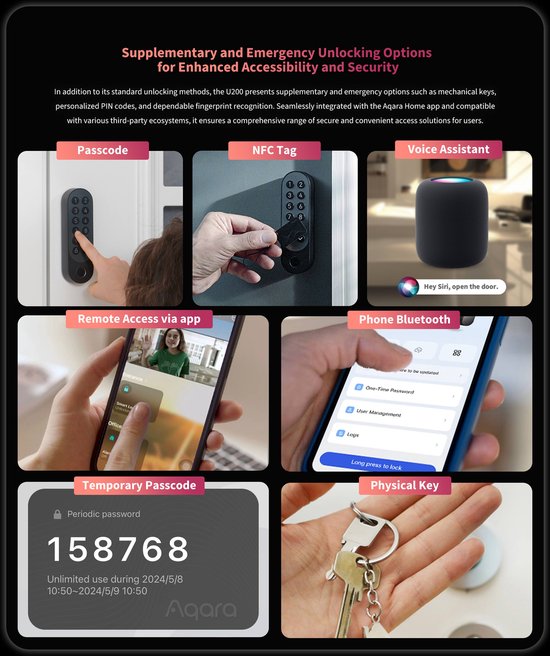 Aqara Smart Lock U200 Kit - Zwart - Slim Deurslot - Vingerafdruk & Pincode