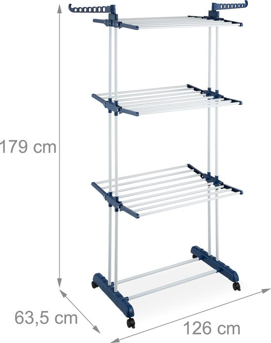 droogtoren met wieltjes - 3 verdiepingen - 179 x 126 x 63,5 cm