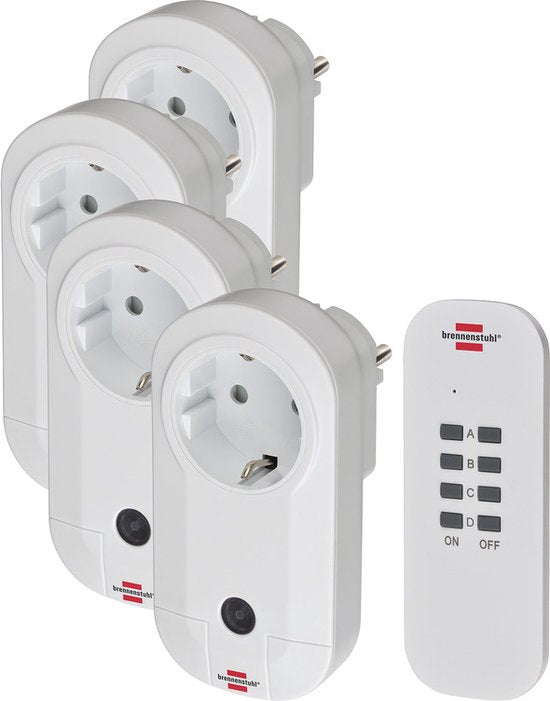 Brennenstuhl draadloze Schakelaarset RC CE1 4001, set van 4 draadloze Stopcontacten (voor binnen, met handzender en hogere contactbescherming) wit