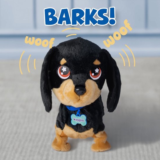 Animagic Waggles Knuffel Hond - Zwart - Interactieve Knuffel - Wandel en communiceer met Waggles