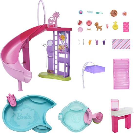 Barbie Droomzwembad - Speelset met Glijbaan en Bubbelbad en meer dan 20 Accessoires