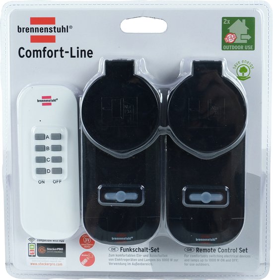 Brennenstuhl Draadloze Schakelaarset RC CE1 0201, 2 draadloze Stopcontacten (buiten IP44, met handzender en hogere contactberscherming) zwart