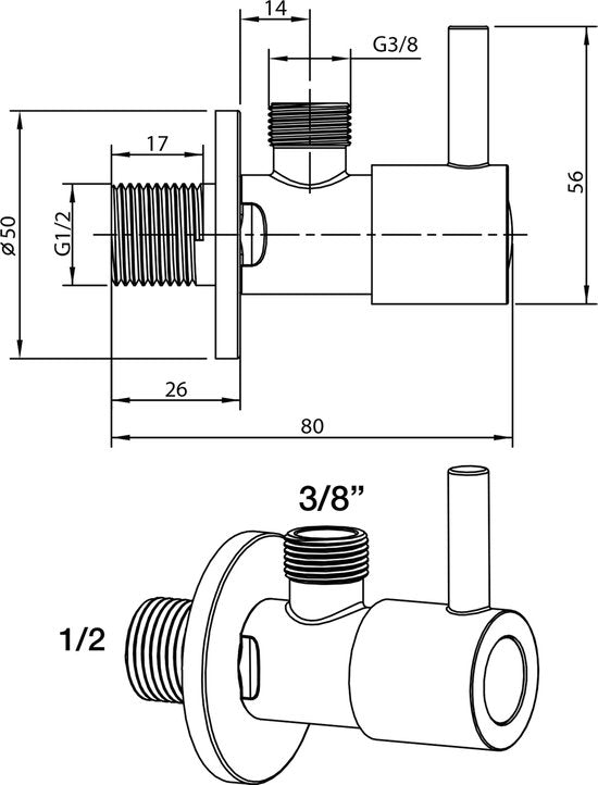 Differnz Hoekstopkraan Mat Zwart Met Rozet 1/2"/ 3/8 Toiletkraan