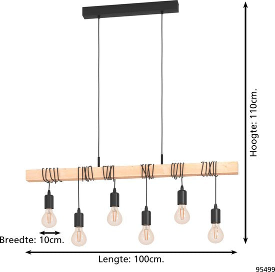 EGLO Townshend Hanglamp - E27 - 100 cm - Zwart/Bruin - FSC Hout