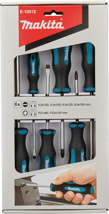 Makita E-10512 Schroevendraaierset 6-delig SL4 / SL5,5 / SL6,5 / SL8 / PZ1 / PZ2