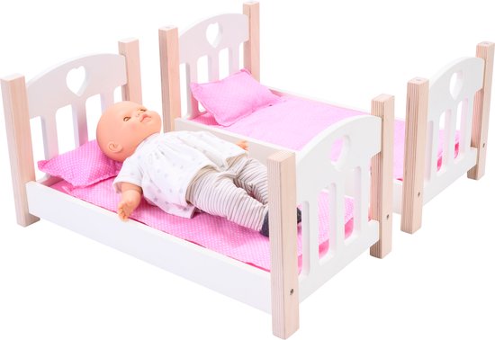 Poppen Stapelbed Roze/Wit – Houten Poppenbed met Magnetische Bedden – Inclusief Matrasjes, Dekentjes & Kussens – Geschikt voor Alle Poppen – Longfield Games