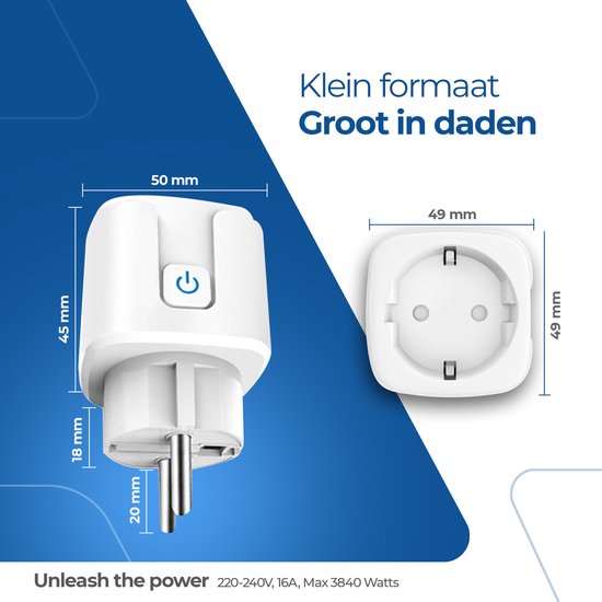 Slimme Stekker met Tijdschakelaar en Energiemeter - WiFi Smart Plug 16A - Google Home & Amazon Alexa - Gratis Smartlife App