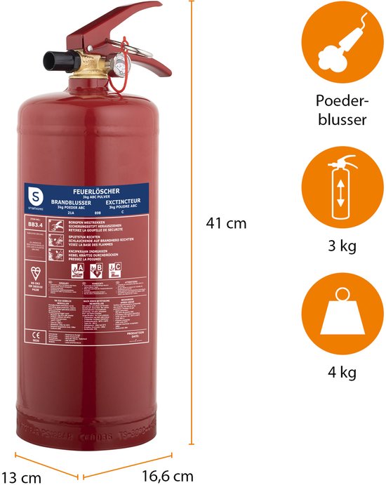Smartwares FEX-15030 - Brandblusser Poeder 3kg - Incl ophangbeugel - Brandklasse ABC - BSI Gecertificeerd