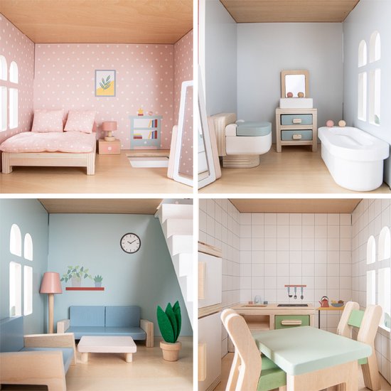 Woet® Houten Poppenhuis - Compleet met 20 Meubels - Pastelkleurig Roze Speelhuis voor Kinderen - FSC - Rollenspel Speelgoed - Vanaf 3 Jaar
