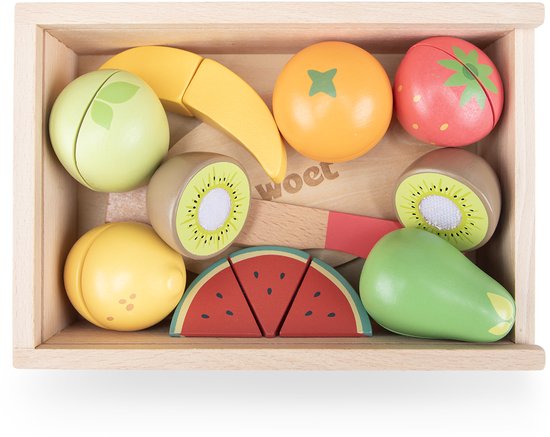 Woet® Houten Snijset Fruit in Opbergdoos - Speelset met Snijplank, Appel, Banaan, Citroen, Aardbei - Educatief Speelgoedeten - Rollenspel Keukenspeelgoed - Vanaf 2 Jaar