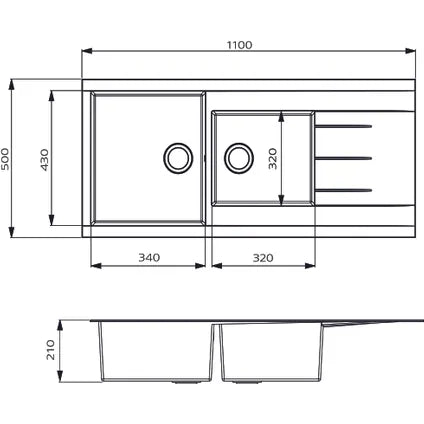 Spoelbak Cube 2 bakken 110x50x21cm composiet wit