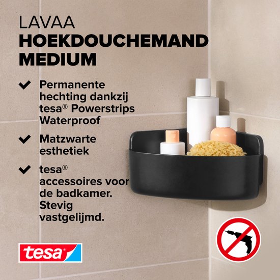 tesa hoekdoucherek Lavaa M matzwart badkamer zelfklevend zonder boren powerstrips