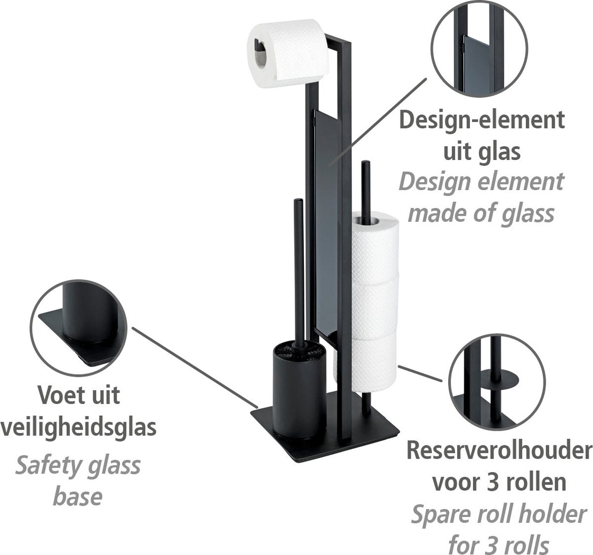 WENKO Toiletbutler Rivalta zwart - Toiletborstel met houder, Toiletrolhouder en Reserverolhouder