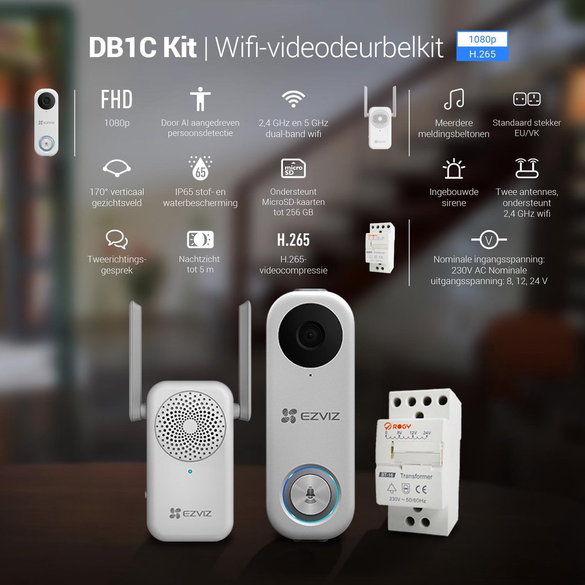 Ezviz DB1C Kit - Wifi-videodeurbelkit - met Chime & Transformer