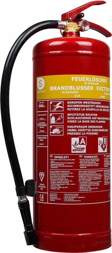 Smartwares 10.015.05 - Brandblusser Schuim 6L - Incl ophangbeugel - Brandklasse AB - BSI Gecertificeerd