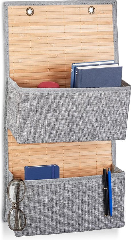 hangende wandorganizer - 2 vakken - badkamer - hal - 62 x 33 x 12 cm - deurgarderobe bamboe - stof - grijs