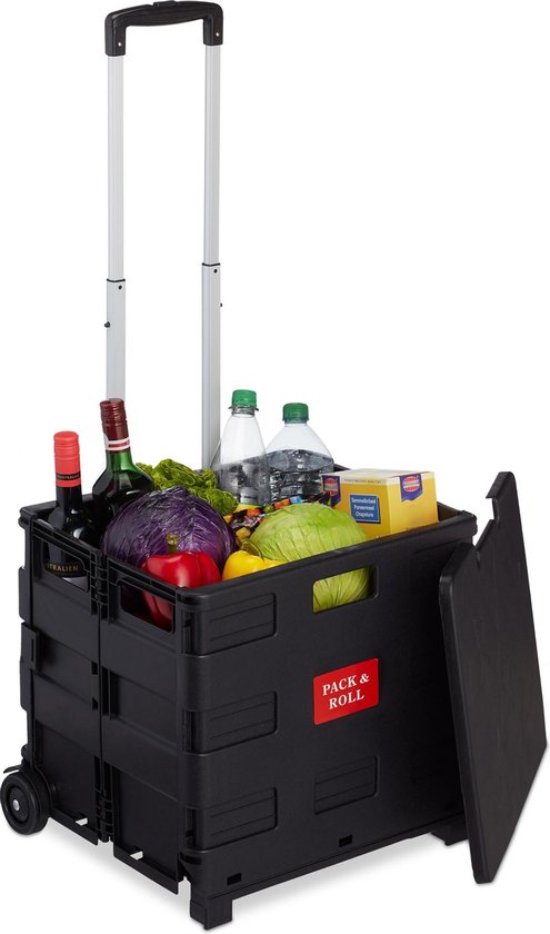 boodschappentrolley - opvouwbaar - telescoopsteel & deksel - krat op wielen - tot 35 kg - 99 x 45 x 38 cm - zwart