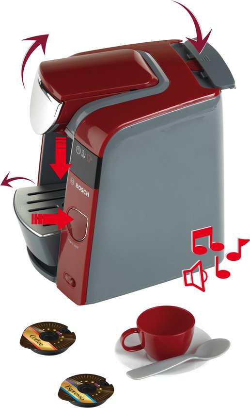 Klein Toys Bosch Tassimo koffiemachine - 20x16x20 cm - espressoset en 2 koffiepads - incl. waterreservoir en geluidseffecten - rood grijs