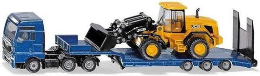 siku 1790, MAN Vrachtwagen met dieplader en JCB-shovel, 1:87, metaal/kunststof, blauw/geel, opklapbare oprijplaat, beweegbare arm