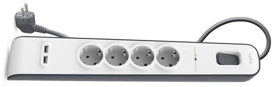 Belkin Stekkerblok met 4 uitgangen en 2 USB poorten 2.4A - overspanningsbeveiliging