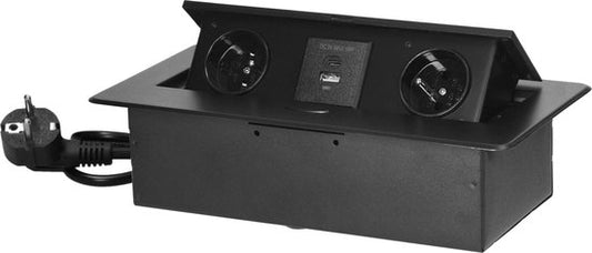 Bureau stekkerdoos met USB A&C - Pop up stekkerblok met 2 stopcontacten- Inbouw Verdeelstekker met RVS afwerking - Verdeeldoos met 1.5 meter kabel - voor max. 3680 Watt - Penaarde - Zwart