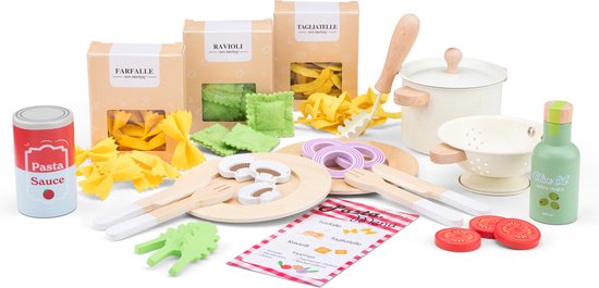 Woet Houten Speelgoed Pasta Set - 'Maak je eigen pasta' Speelgoedset - FSC - Inclusief Ravioli, Tagliatelle, Farfalle & Saus - Speelgoedeten
