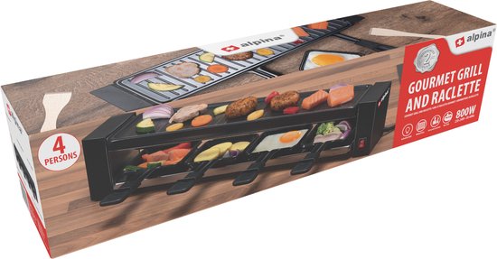 alpina Raclette Gourmet Set - 800 W - Raclette en Grill - Anti-Aanbaklaag - RVS - Makkelijk Meenemen - Zwart