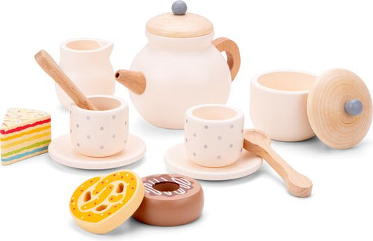 New Classic Toys® Houten Theeservies Crème - 14-delige Theeset met Theepot, Kopjes en Gebakjes - FSC - Rollenspel Servies Speelgoed - Vanaf 24 Maanden