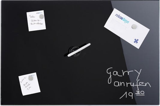 magneetbord glas - 3 magneten - marker - uitwisbaar - zonder lijst - 80 x 50 cm - zwart